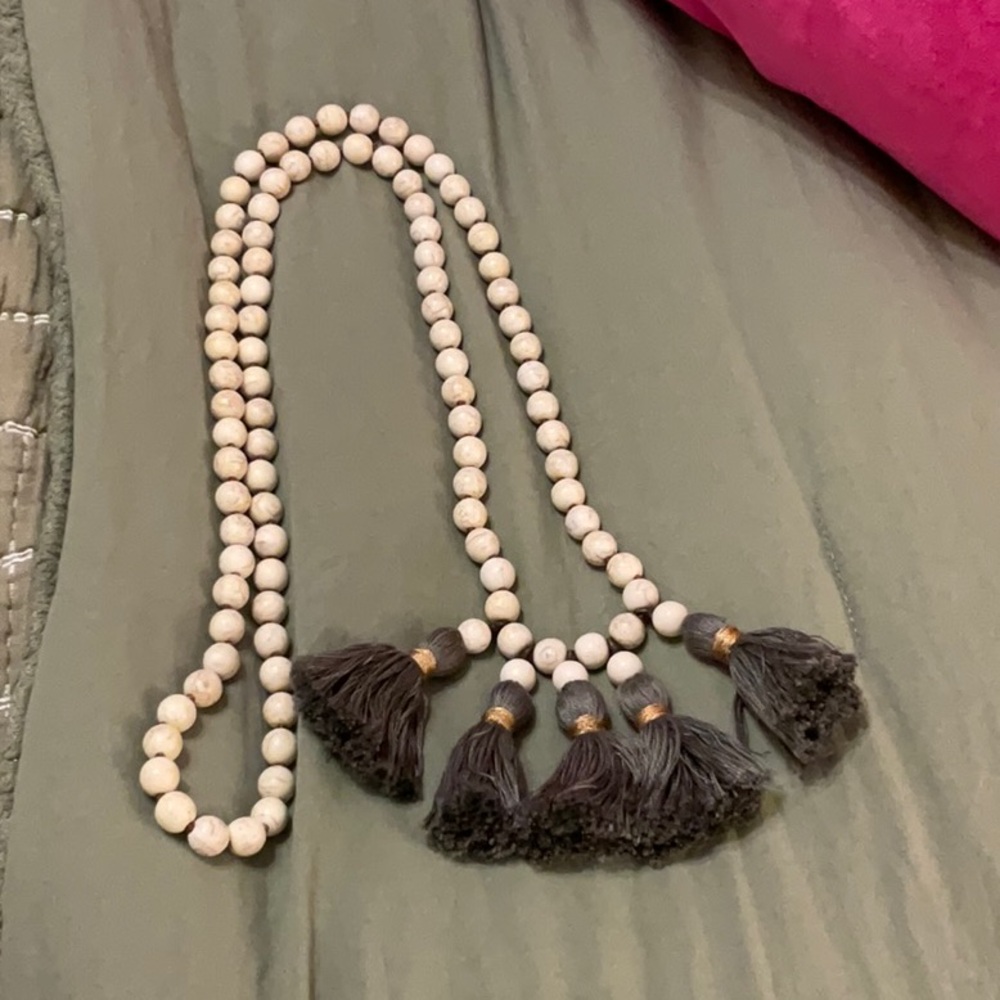 Beaded Tassel Necklace in Cream and Black